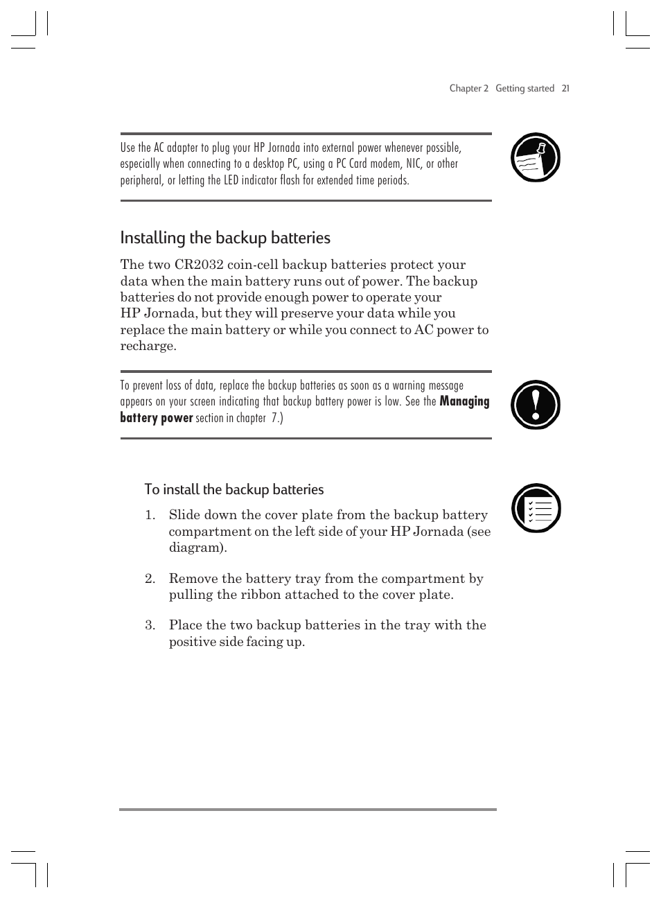 Installing the backup batteries | HP Jornada 820 User Manual | Page 25 / 178