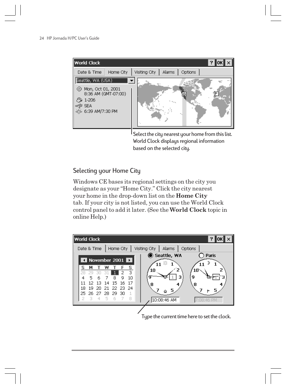 Selecting your home city | HP Jornada 820 User Manual | Page 28 / 178