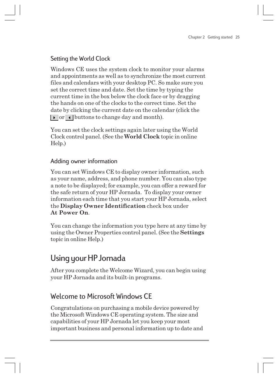 Using your hp jornada, Welcome to microsoft windows ce, Setting the world clock | Adding owner information | HP Jornada 820 User Manual | Page 29 / 178