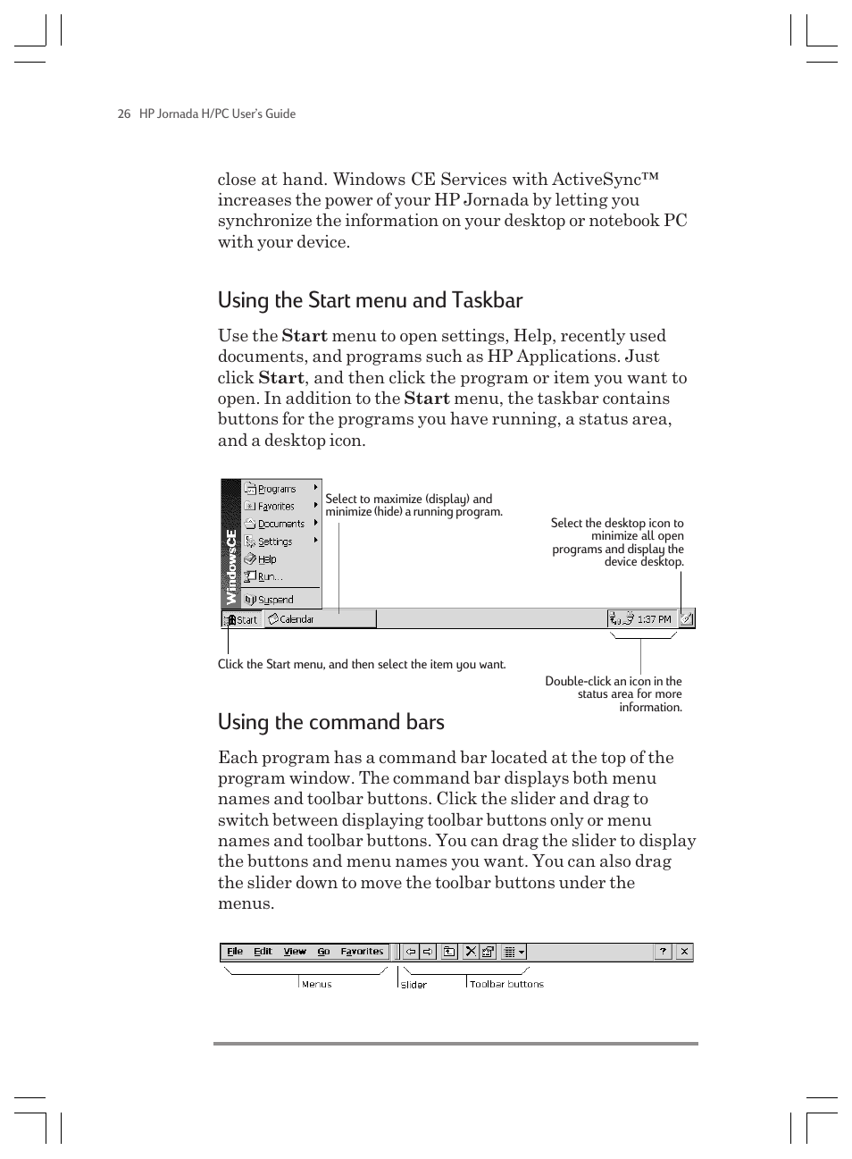 Using the start menu and taskbar, Using the command bars | HP Jornada 820 User Manual | Page 30 / 178