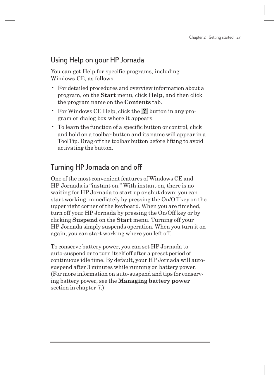 Using help on your hp jornada, Turning hp jornada on and off | HP Jornada 820 User Manual | Page 31 / 178