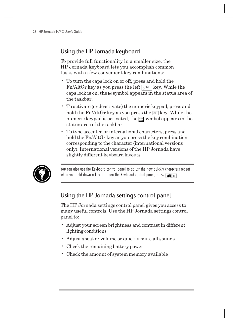 Using the hp jornada keyboard, Using the hp jornada settings control panel | HP Jornada 820 User Manual | Page 32 / 178