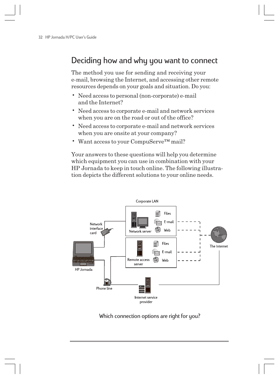 Deciding how and why you want to connect | HP Jornada 820 User Manual | Page 36 / 178