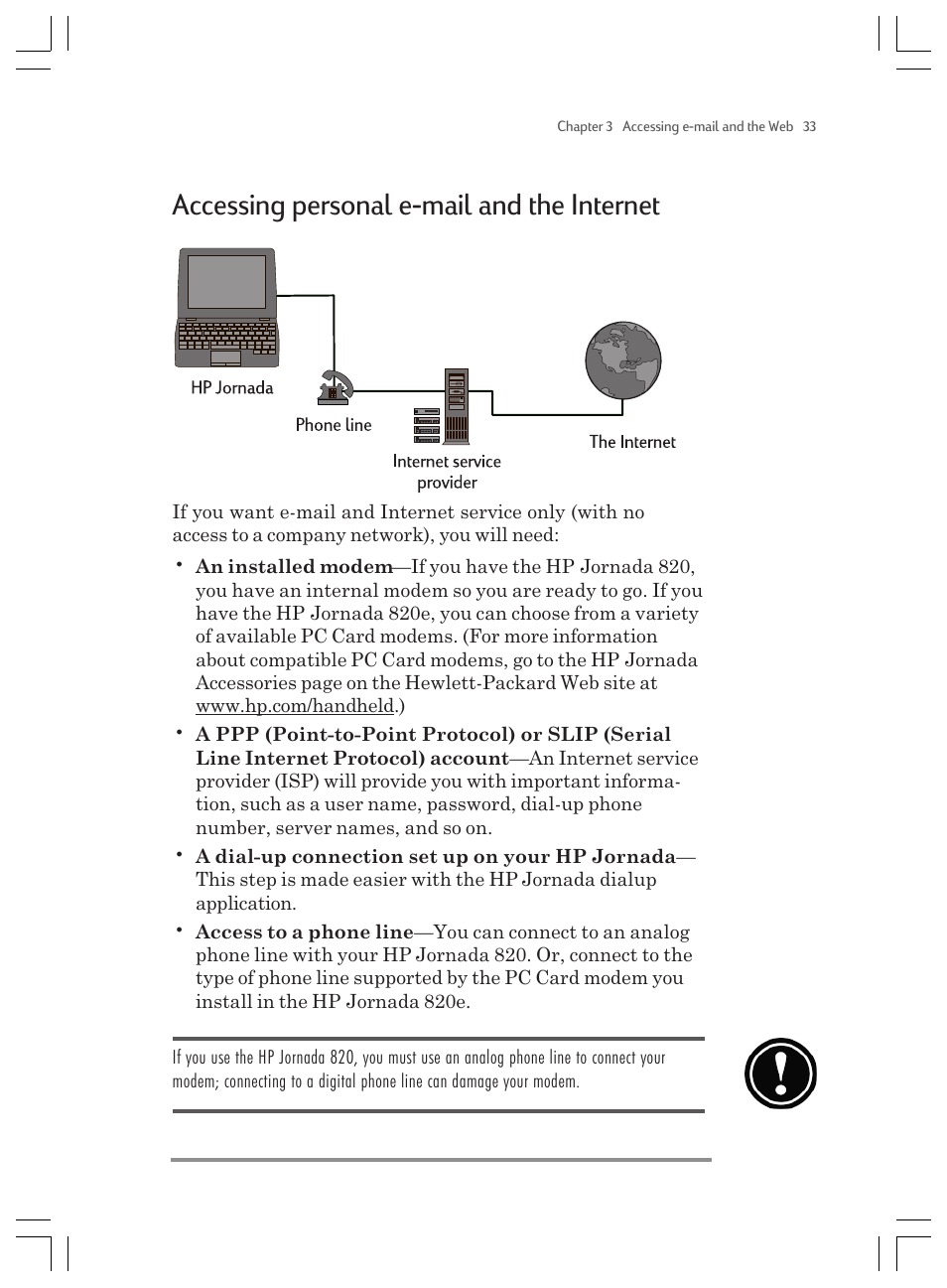 Accessing personal e-mail and the internet | HP Jornada 820 User Manual | Page 37 / 178