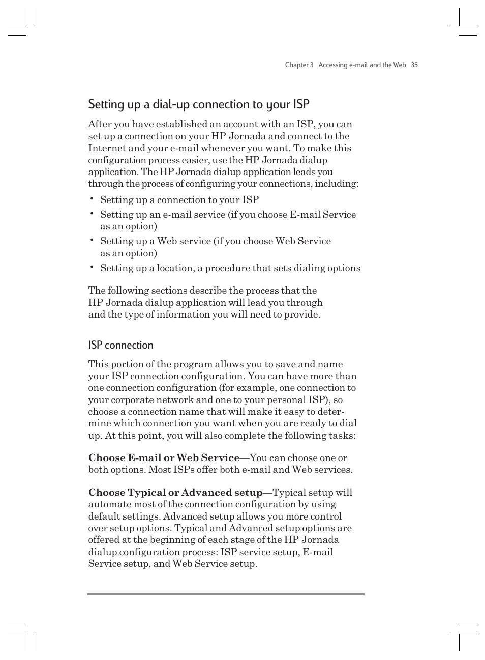 Setting up a dial-up connection to your isp, Isp connection | HP Jornada 820 User Manual | Page 39 / 178