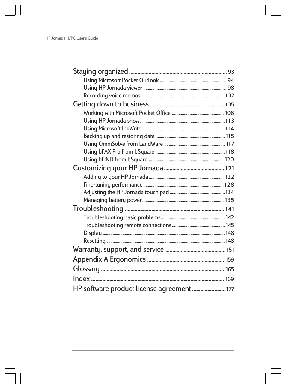 Staying organized, Getting down to business, Customizing your hp jornada | Troubleshooting, Warranty, support, and service, Appendix a ergonomics, Glossary, Index, Hp software product license agreement | HP Jornada 820 User Manual | Page 4 / 178