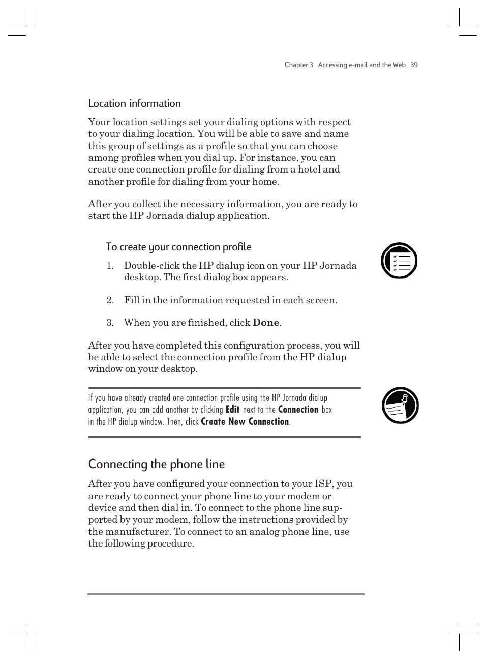 Connecting the phone line, Location information | HP Jornada 820 User Manual | Page 43 / 178