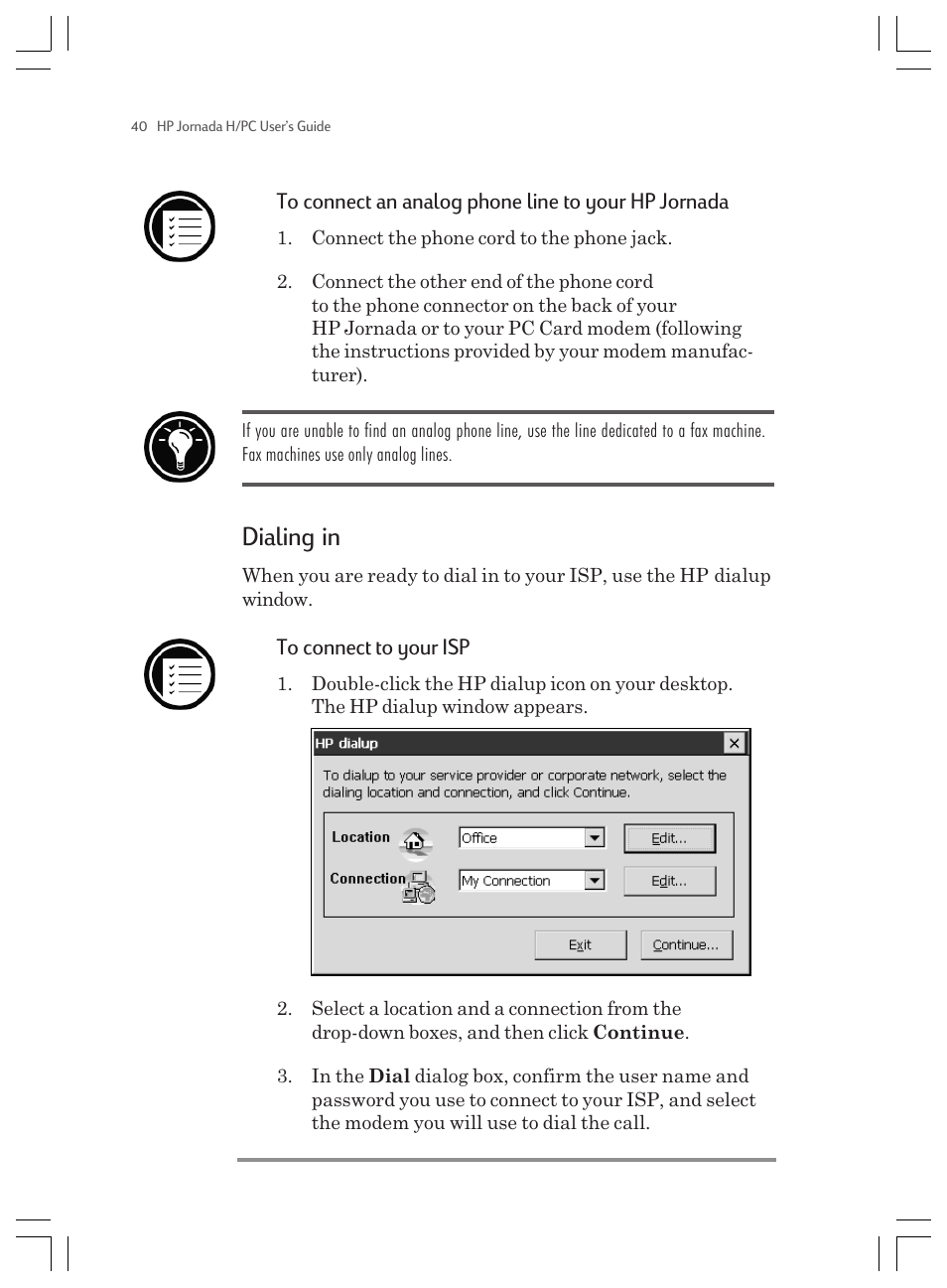 Dialing in | HP Jornada 820 User Manual | Page 44 / 178