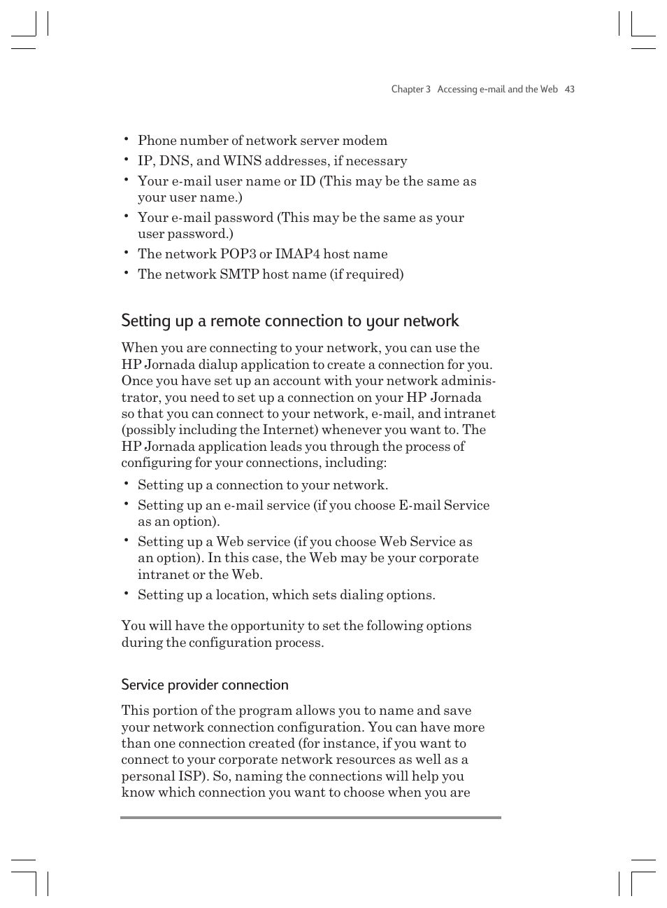 Setting up a remote connection to your network, Service provider connection | HP Jornada 820 User Manual | Page 47 / 178