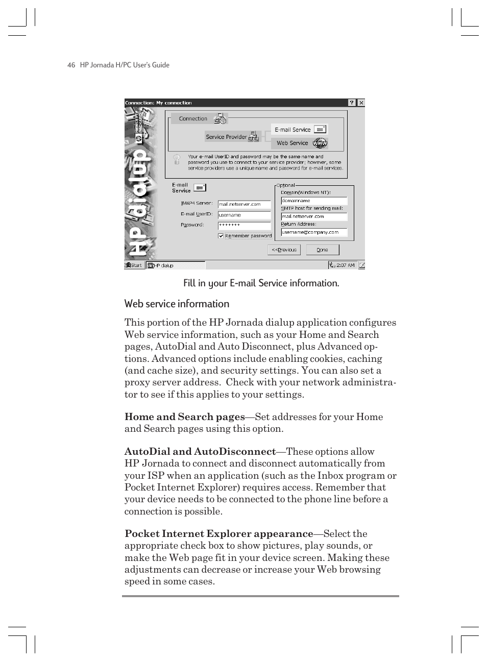 Web service information, Fill in your e-mail service information | HP Jornada 820 User Manual | Page 50 / 178
