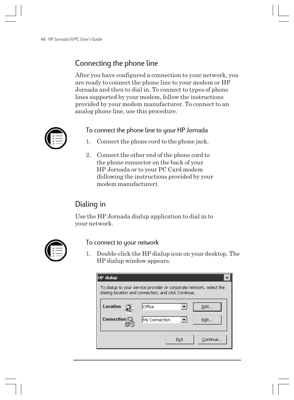 Connecting the phone line, Dialing in | HP Jornada 820 User Manual | Page 52 / 178