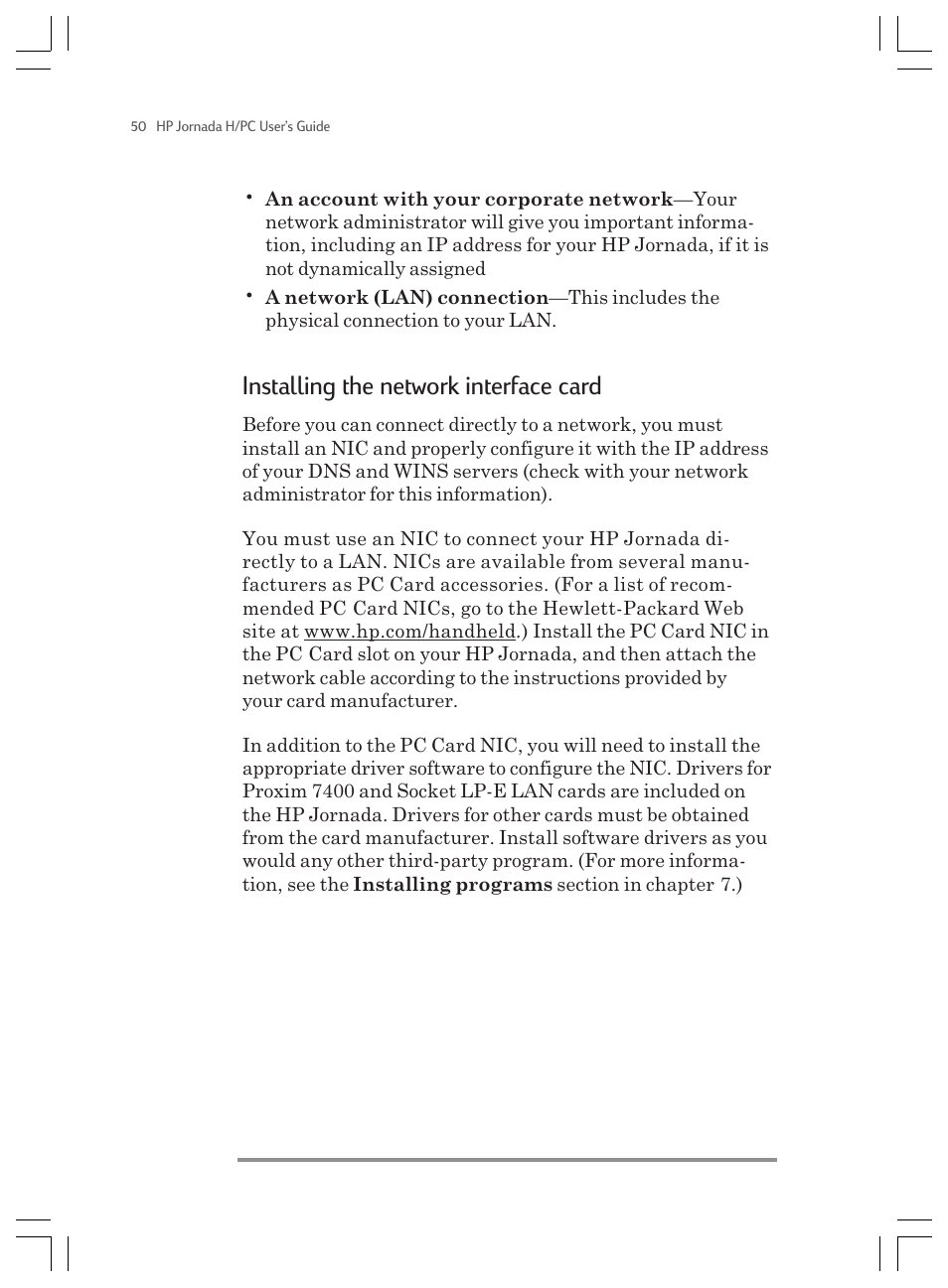 Installing the network interface card | HP Jornada 820 User Manual | Page 54 / 178