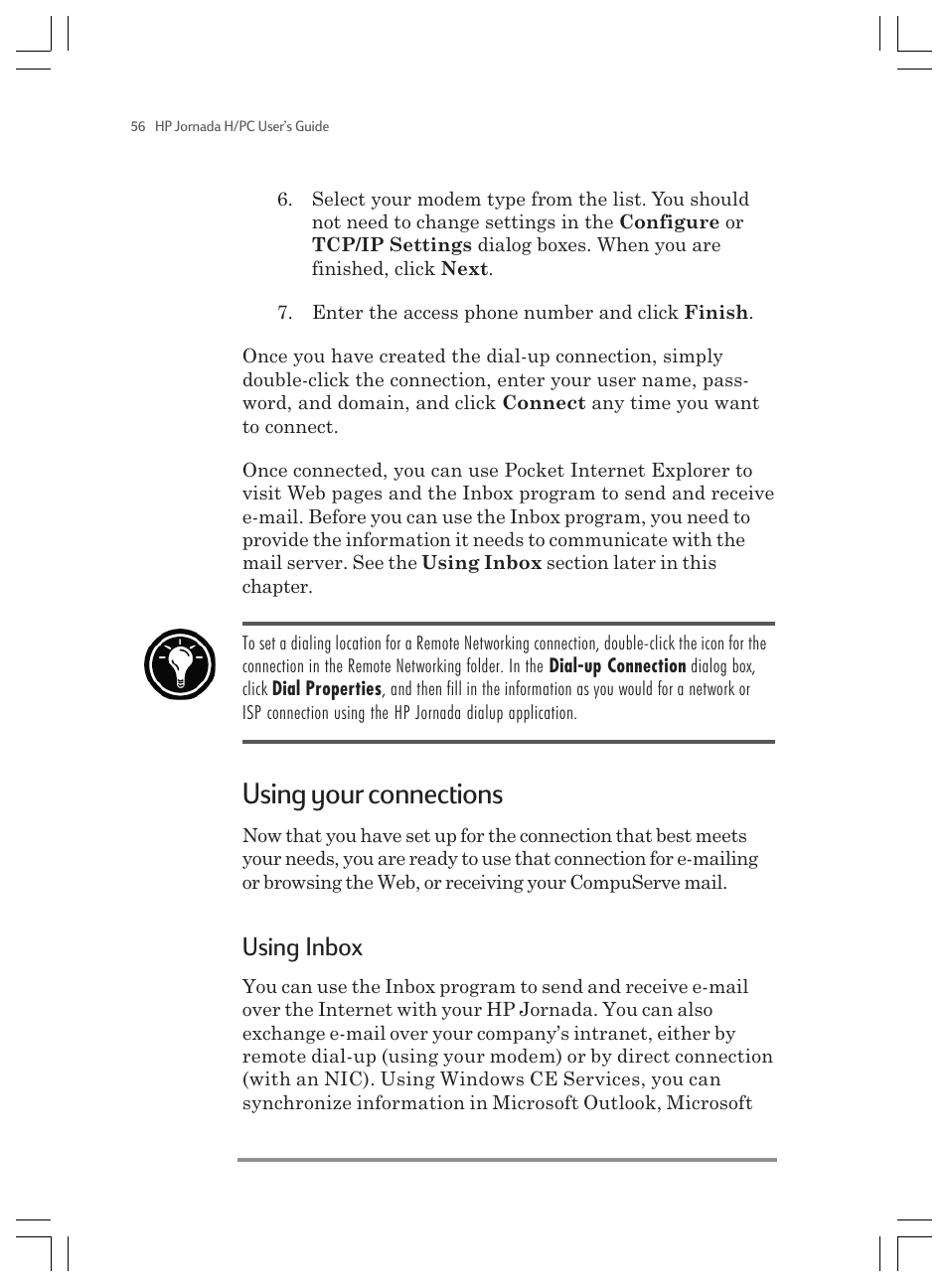 Using your connections, Using inbox | HP Jornada 820 User Manual | Page 60 / 178