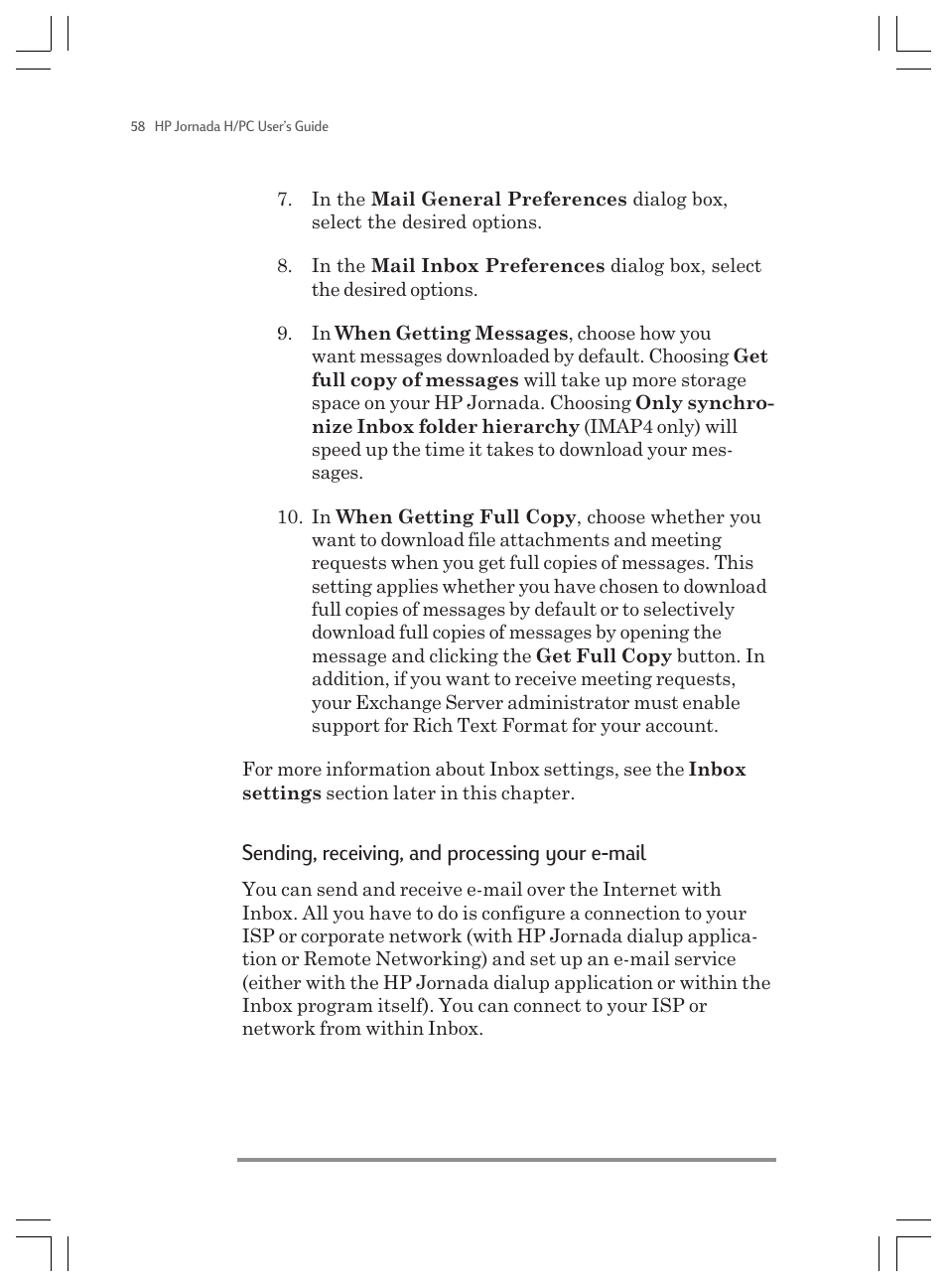 Sending, receiving, and processing your e-mail | HP Jornada 820 User Manual | Page 62 / 178