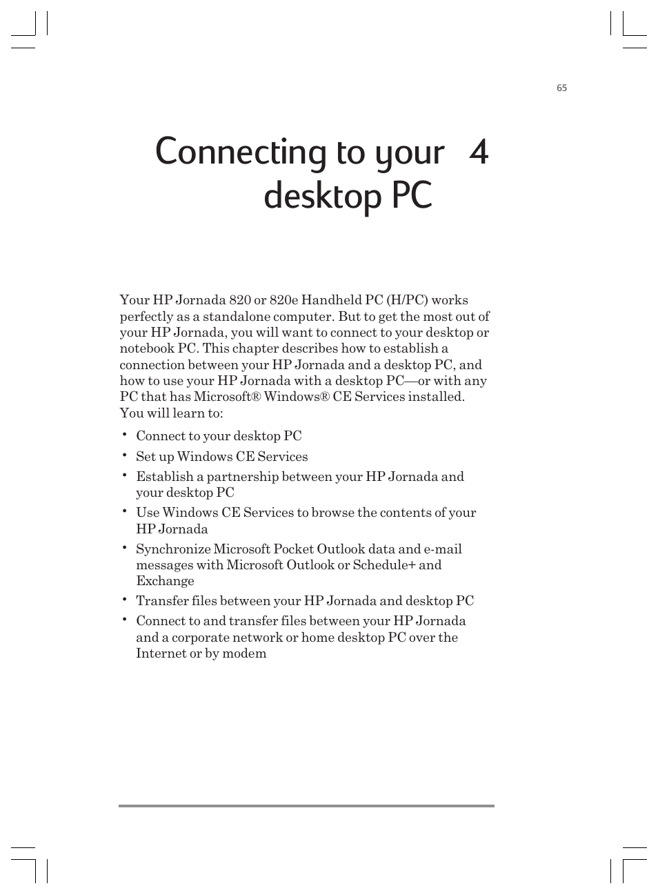 Connecting to your | 4, Desktop pc | HP Jornada 820 User Manual | Page 69 / 178