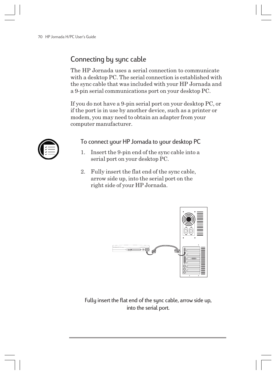 Connecting by sync cable | HP Jornada 820 User Manual | Page 74 / 178