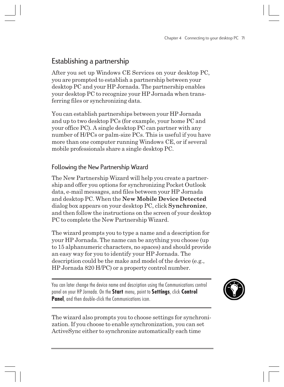 Establishing a partnership, Following the new partnership wizard | HP Jornada 820 User Manual | Page 75 / 178