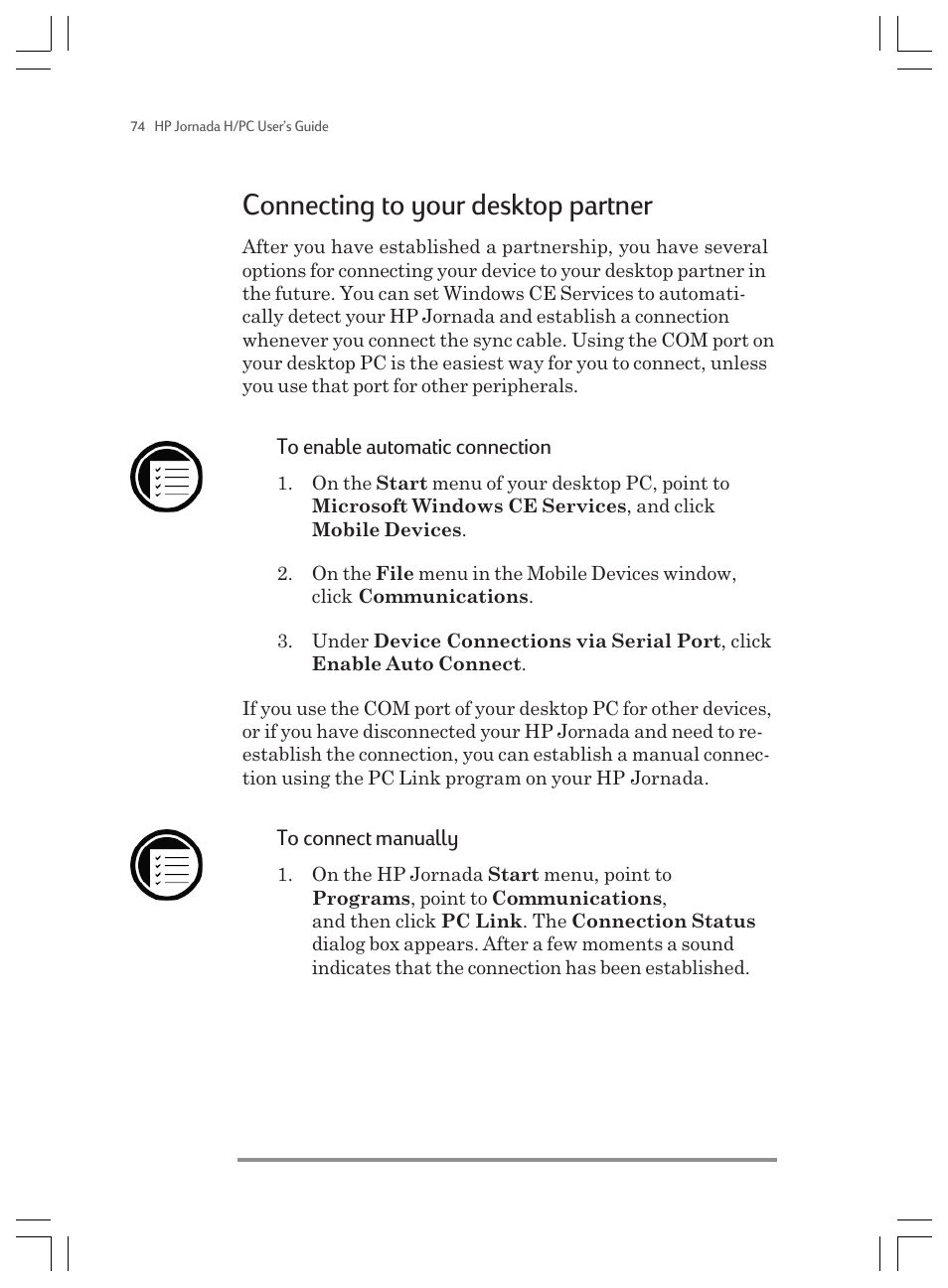Connecting to your desktop partner | HP Jornada 820 User Manual | Page 78 / 178