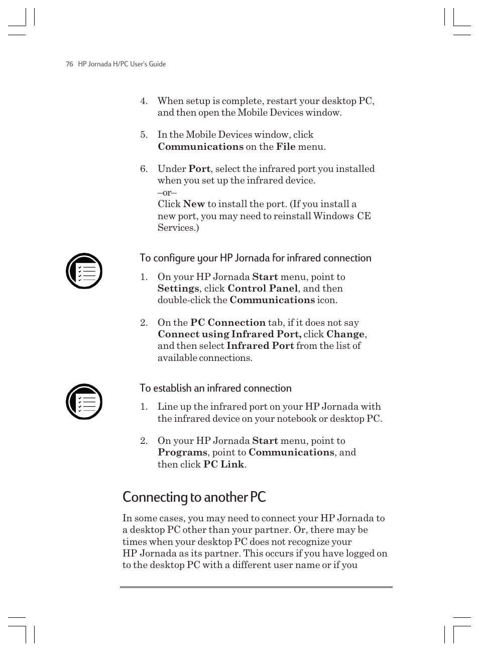 Connecting to another pc | HP Jornada 820 User Manual | Page 80 / 178