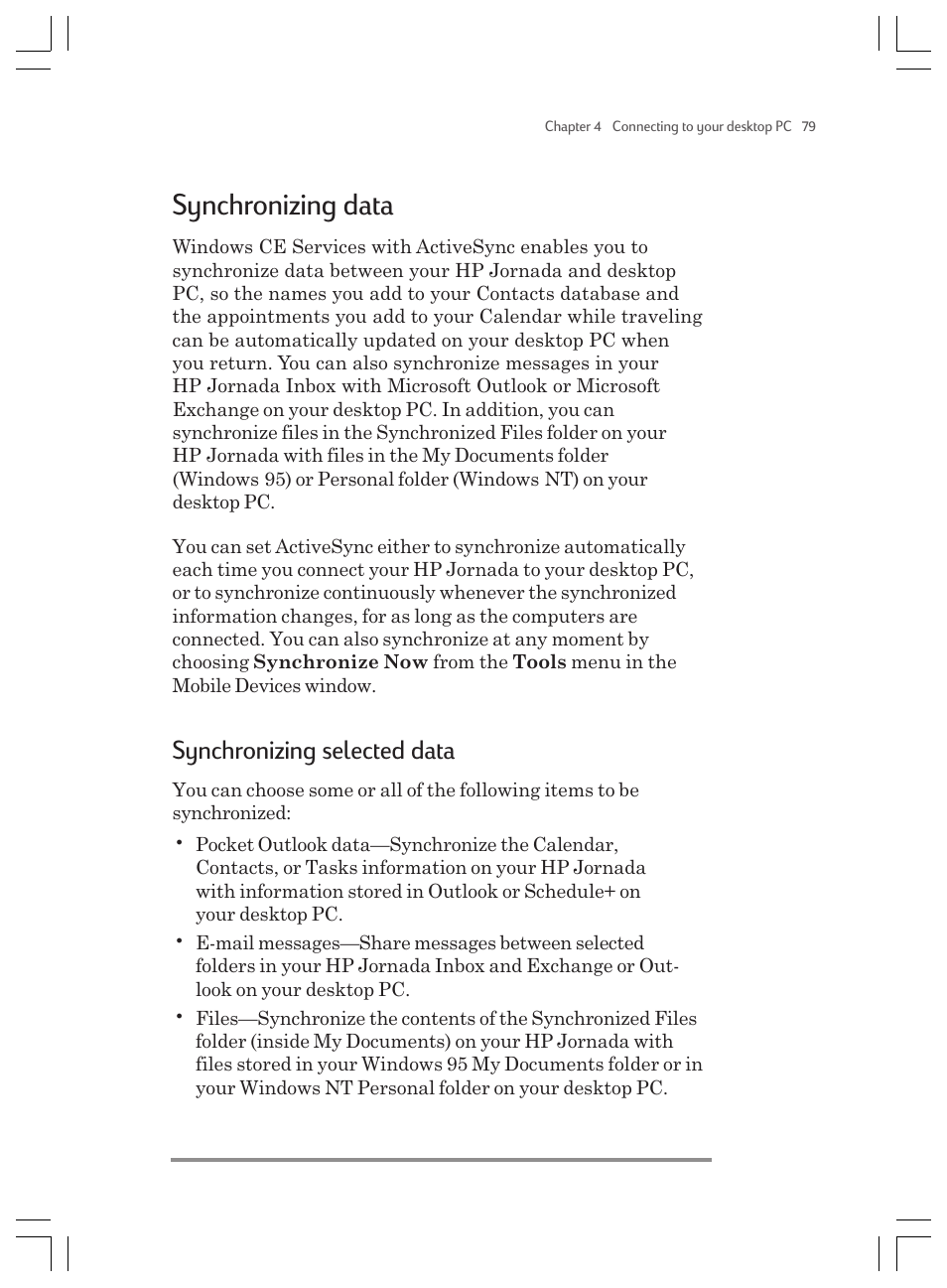 Synchronizing data, Synchronizing selected data | HP Jornada 820 User Manual | Page 83 / 178