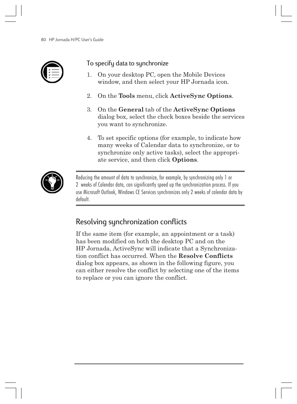 Resolving synchronization conflicts | HP Jornada 820 User Manual | Page 84 / 178