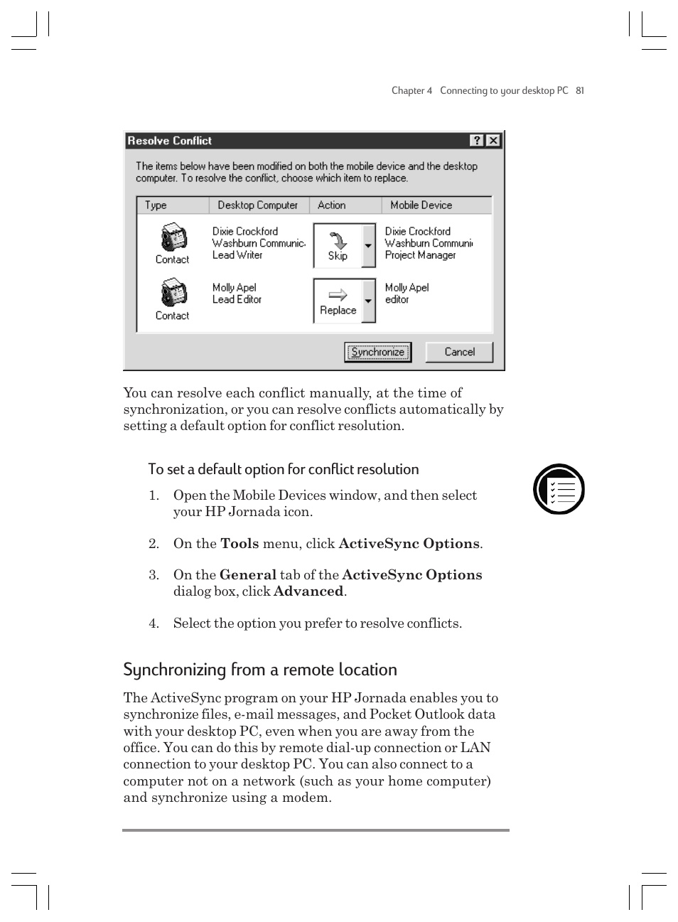 Synchronizing from a remote location | HP Jornada 820 User Manual | Page 85 / 178