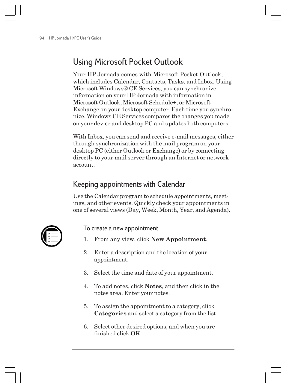Using microsoft pocket outlook, Keeping appointments with calendar | HP Jornada 820 User Manual | Page 98 / 178
