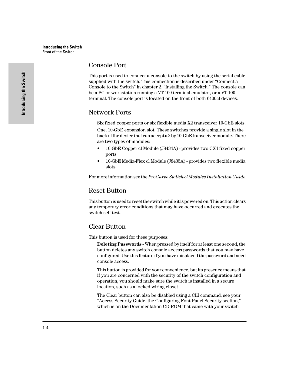 Console port, Network ports, Reset button | Clear button, Console port -4, Network ports -4, Reset button -4, Clear button -4 | HP 6400CL User Manual | Page 12 / 84