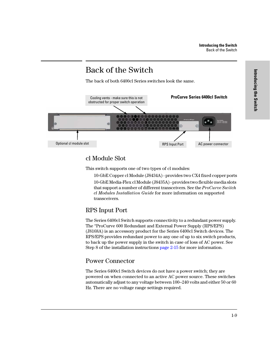 Back of the switch, Cl module slot, Rps input port | Power connector, Back of the switch -9, Cl module slot -9, Rps input port -9, Power connector -9 | HP 6400CL User Manual | Page 17 / 84