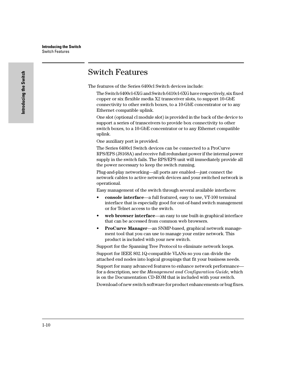 Switch features, Switch features -10 | HP 6400CL User Manual | Page 18 / 84