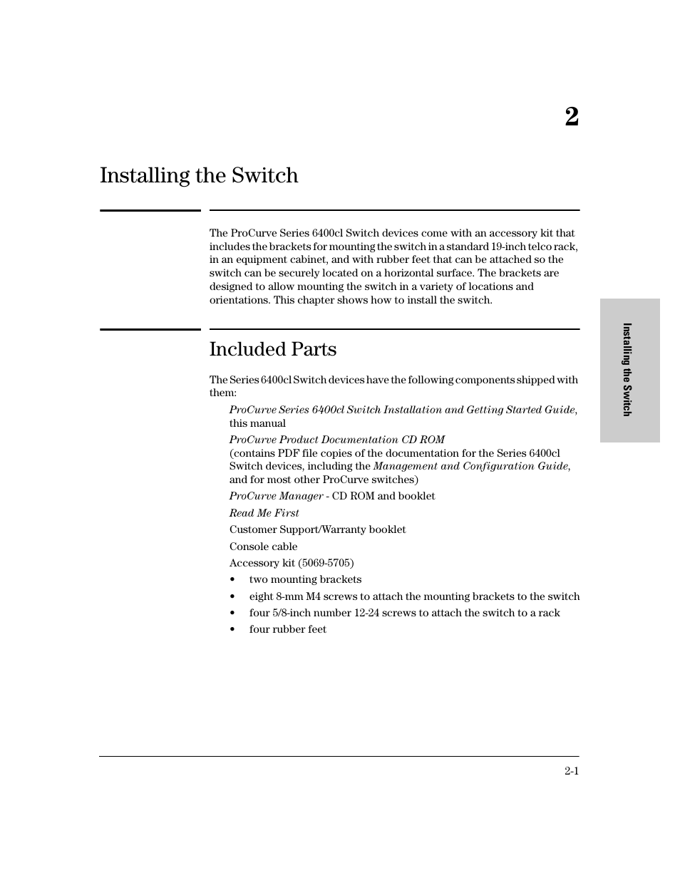 Installing the switch, Included parts, Included parts -1 | HP 6400CL User Manual | Page 19 / 84
