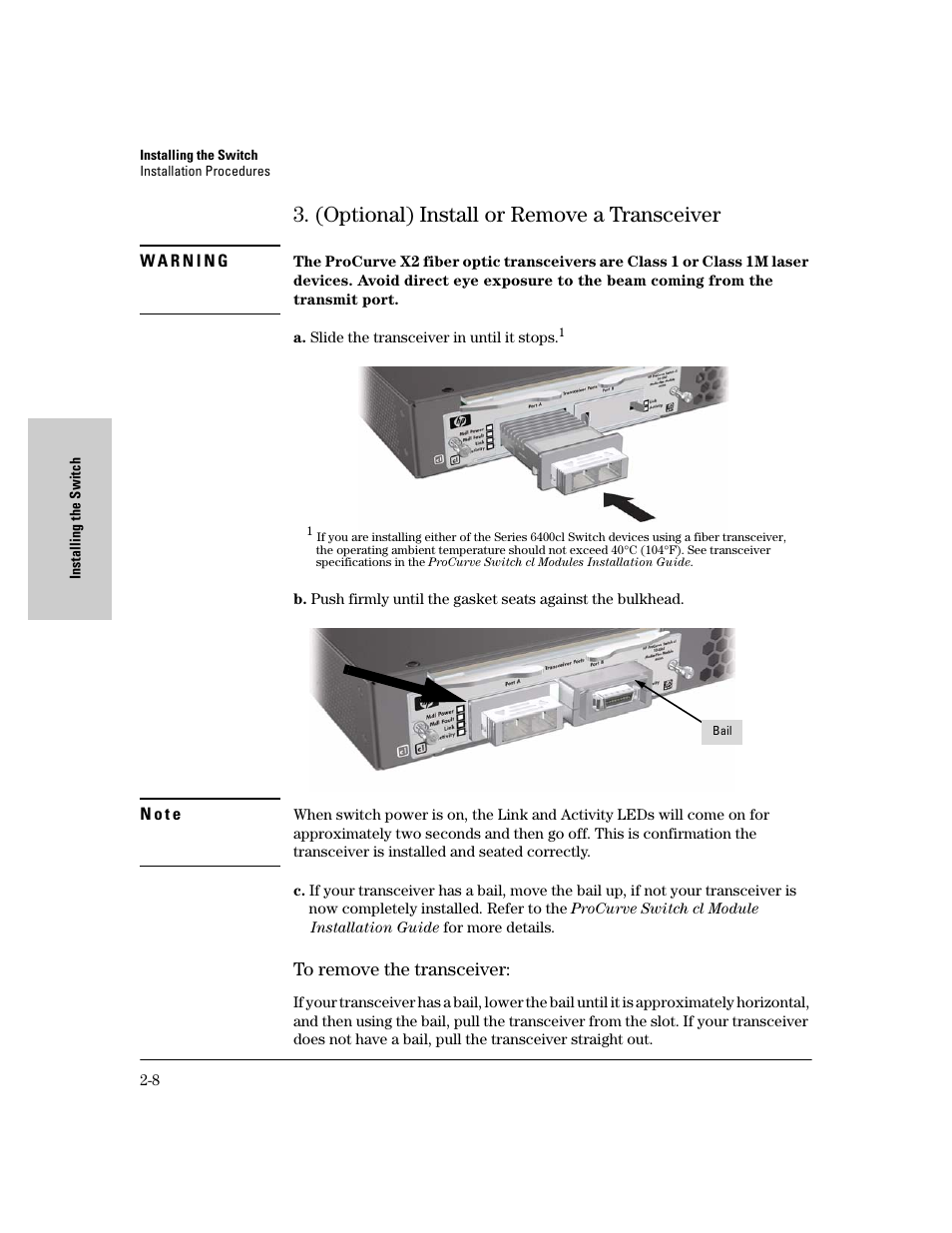 (optional) install or remove a transceiver, To remove the transceiver, (optional) install or remove a transceiver -8 | To remove the transceiver: -8 | HP 6400CL User Manual | Page 26 / 84