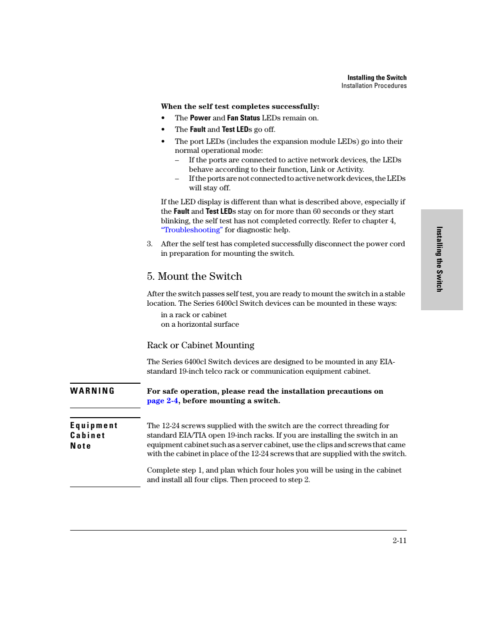 Mount the switch, Rack or cabinet mounting, Mount the switch -11 | Rack or cabinet mounting -11 | HP 6400CL User Manual | Page 29 / 84