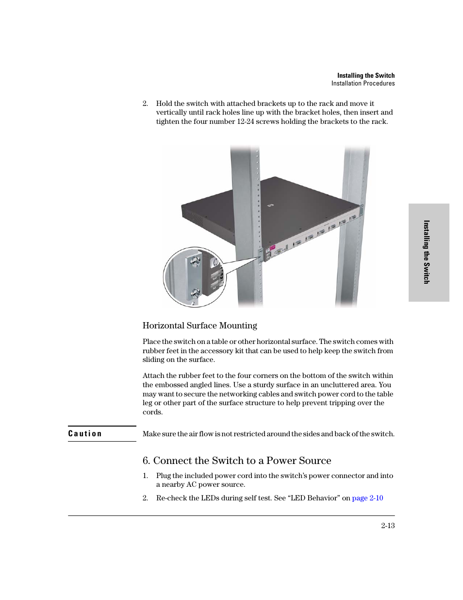 Horizontal surface mounting, Connect the switch to a power source, Horizontal surface mounting -13 | Connect the switch to a power source -13 | HP 6400CL User Manual | Page 31 / 84