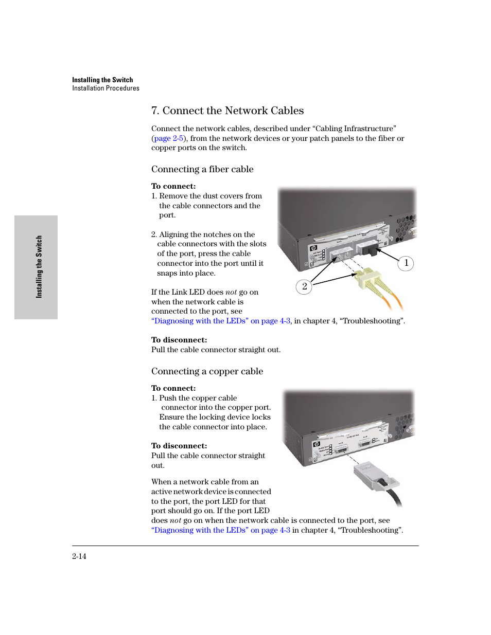 Connect the network cables, Connecting a fiber cable, Connecting a copper cable | Connect the network cables -14 | HP 6400CL User Manual | Page 32 / 84