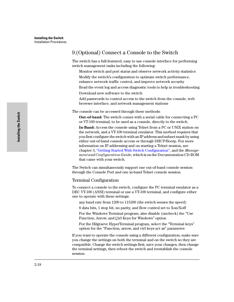 (optional) connect a console to the switch, Terminal configuration, (optional) connect a console to the switch -18 | Terminal configuration -18 | HP 6400CL User Manual | Page 36 / 84