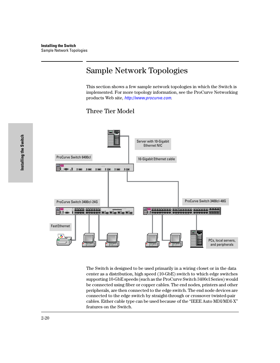 Sample network topologies, Three tier model, Sample network topologies -20 | Three tier model -20 | HP 6400CL User Manual | Page 38 / 84