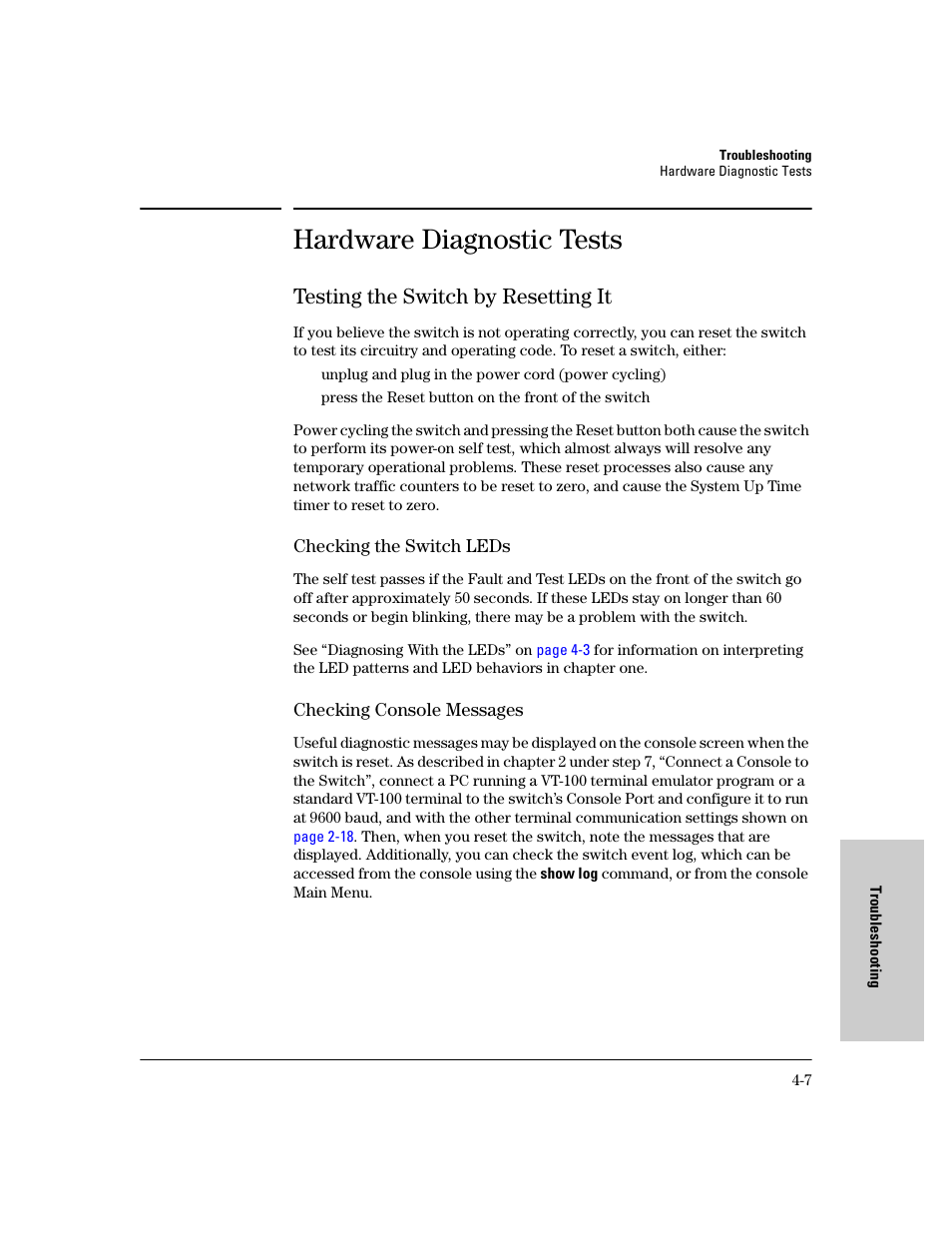 Hardware diagnostic tests, Testing the switch by resetting it, Checking the switch leds | Checking console messages, Hardware diagnostic tests -7, Testing the switch by resetting it -7 | HP 6400CL User Manual | Page 55 / 84