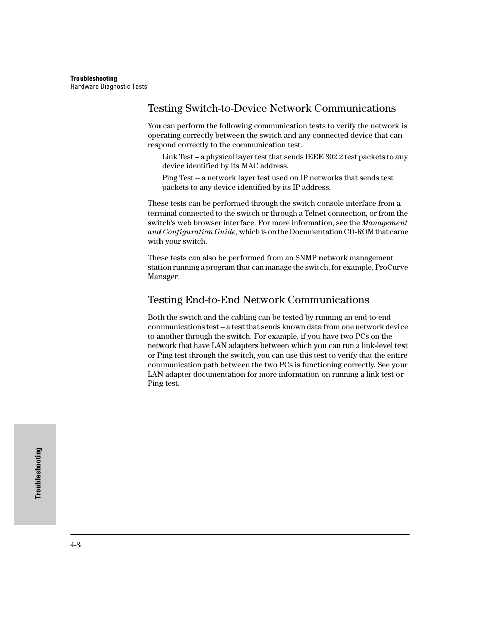 Testing switch-to-device network communications, Testing end-to-end network communications, Testing switch-to-device network communications -8 | Testing end-to-end network communications -8 | HP 6400CL User Manual | Page 56 / 84