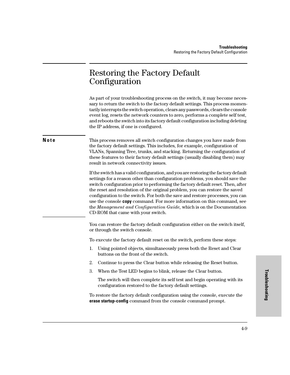 Restoring the factory default configuration, Restoring the factory default configuration -9 | HP 6400CL User Manual | Page 57 / 84