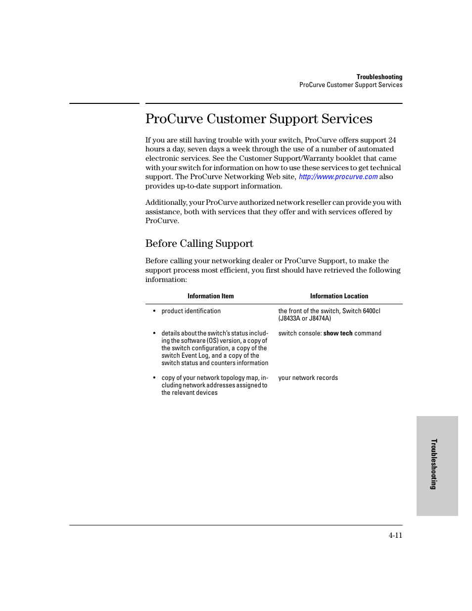 Procurve customer support services, Before calling support, Procurve customer support services -11 | Before calling support -11 | HP 6400CL User Manual | Page 59 / 84