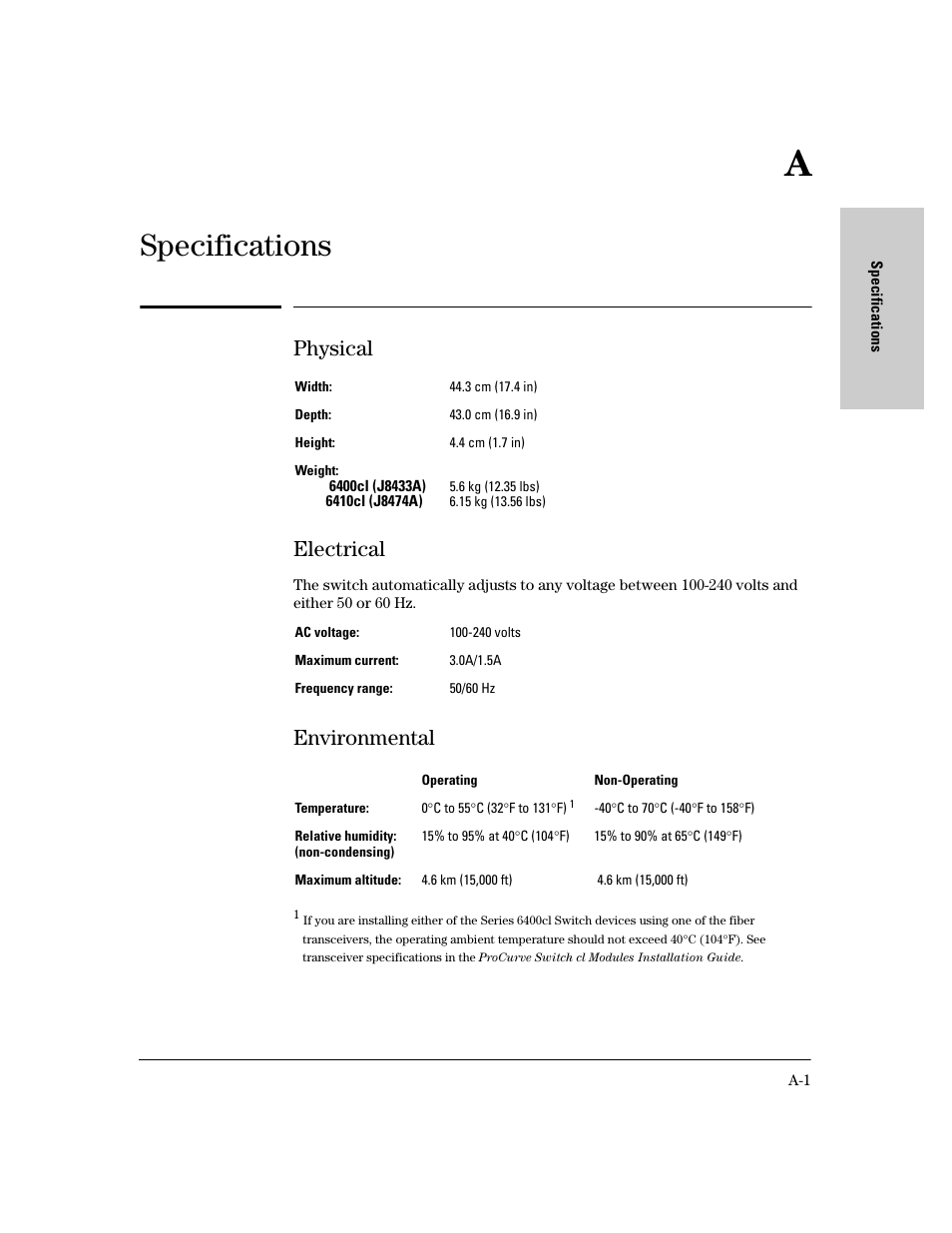 Specifications, Physical, Electrical | Environmental, Physical electrical | HP 6400CL User Manual | Page 61 / 84