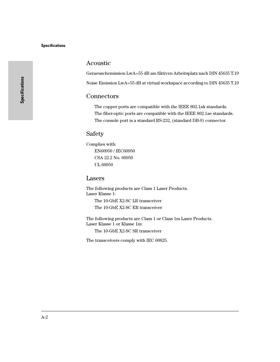 Acoustic, Connectors, Safety | Lasers | HP 6400CL User Manual | Page 62 / 84
