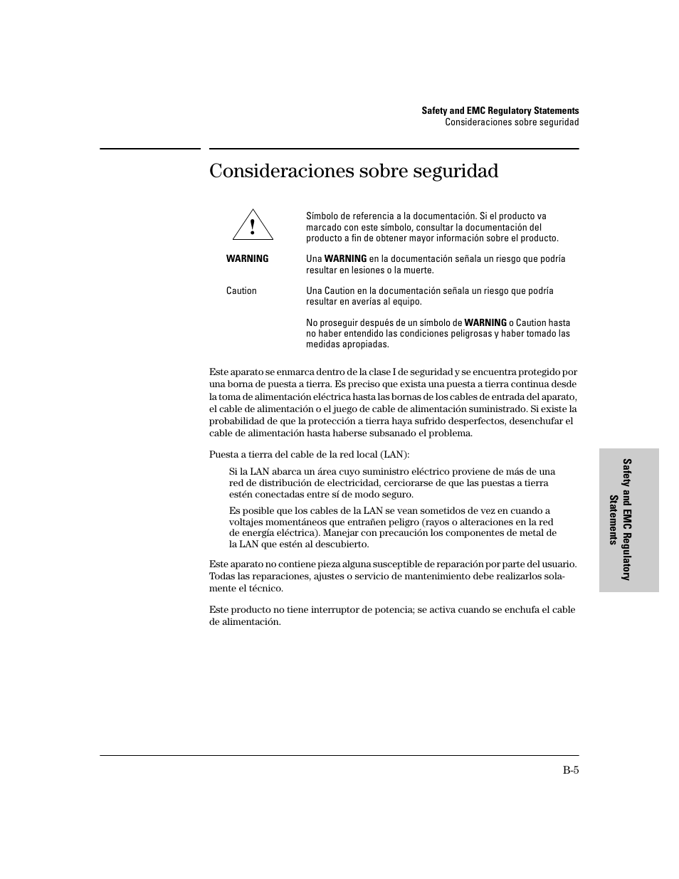 Consideraciones sobre seguridad | HP 6400CL User Manual | Page 67 / 84