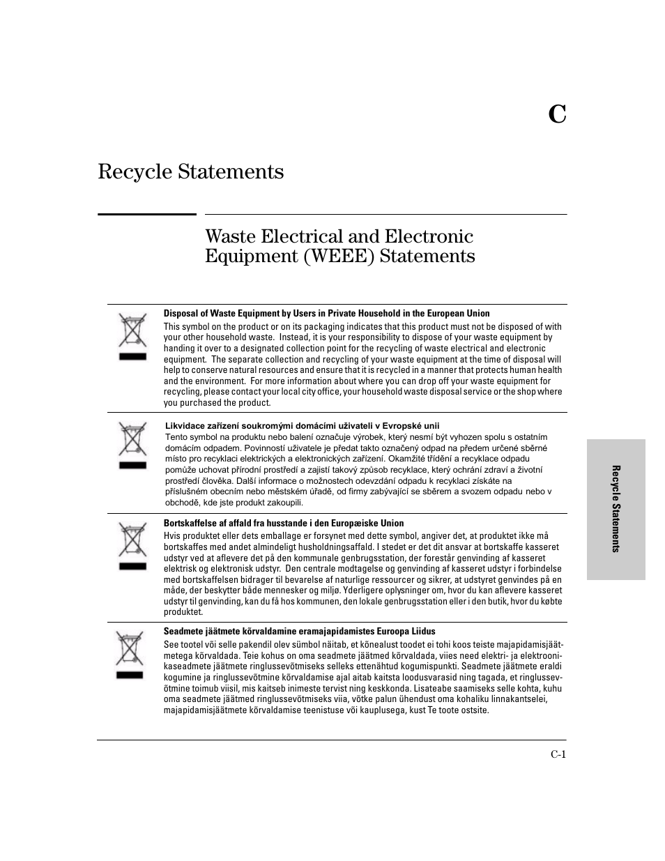 Recycle statements | HP 6400CL User Manual | Page 73 / 84