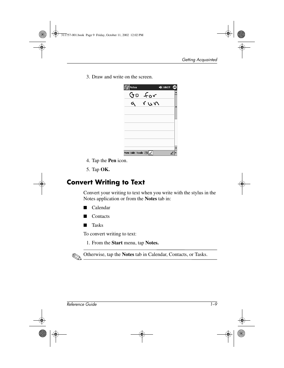 Convert writing to text, Convert writing to text –9 | HP iPAQ h1910 User Manual | Page 15 / 105