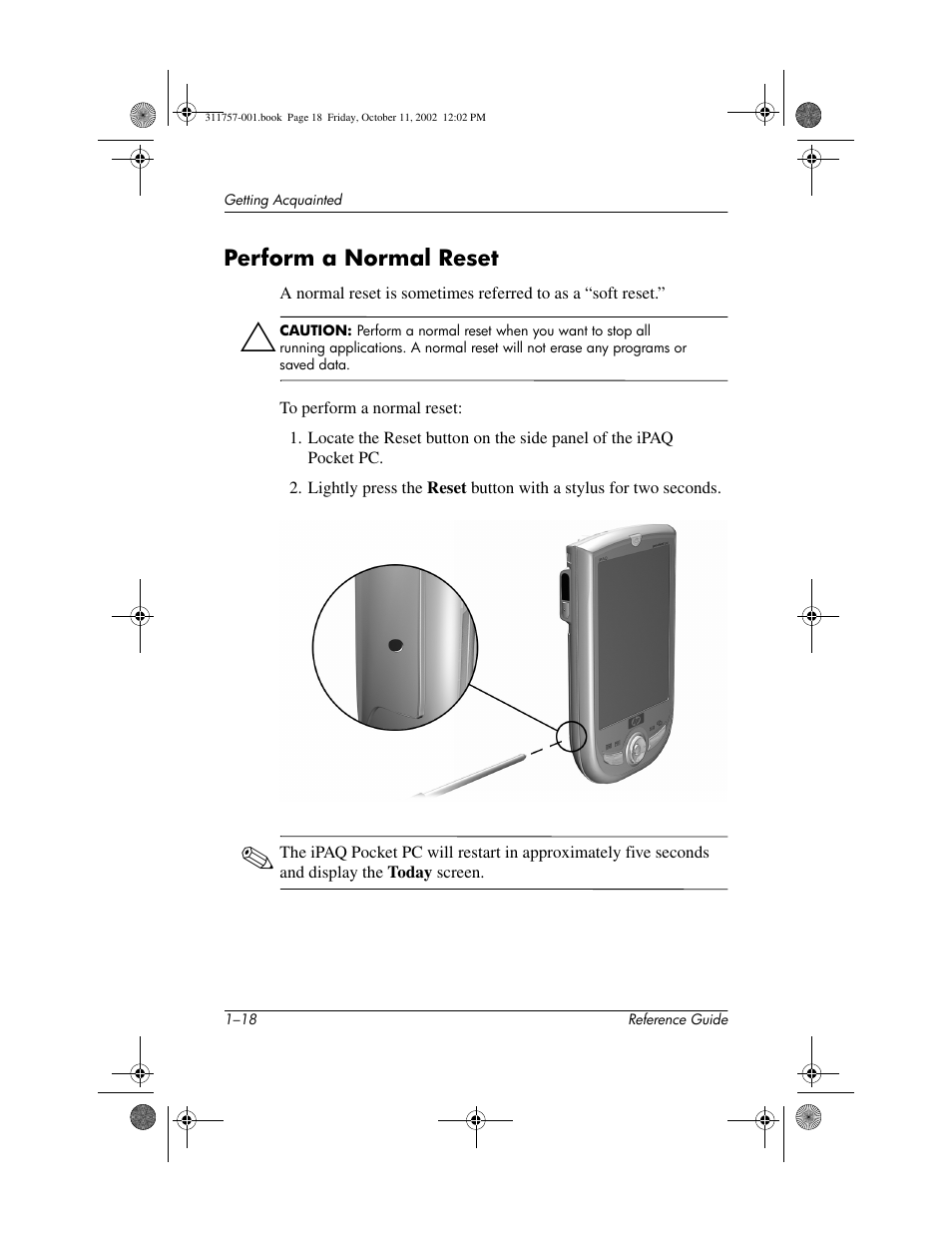 Perform a normal reset, Perform a normal reset –18 | HP iPAQ h1910 User Manual | Page 24 / 105