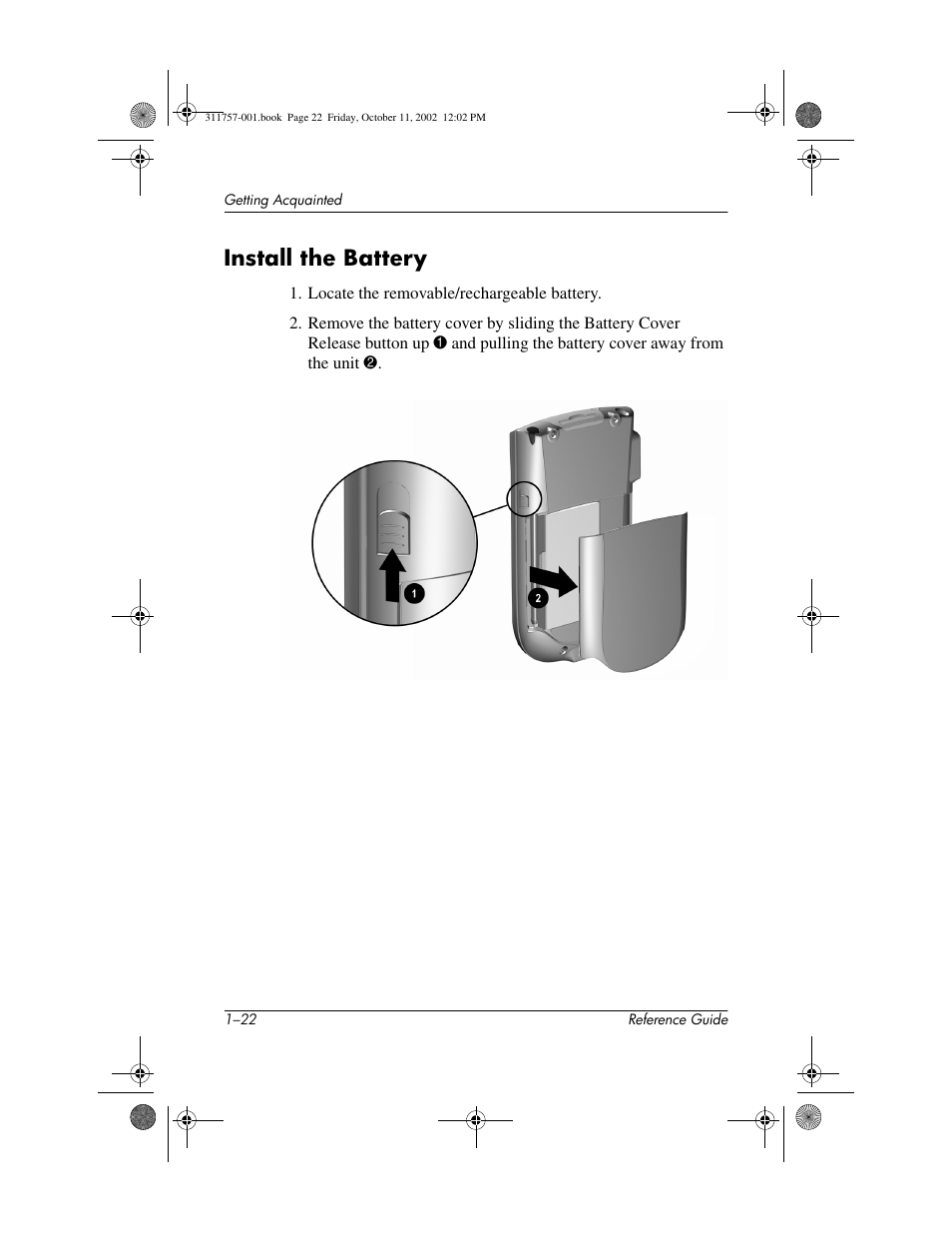 Install the battery, Install the battery –22 | HP iPAQ h1910 User Manual | Page 28 / 105