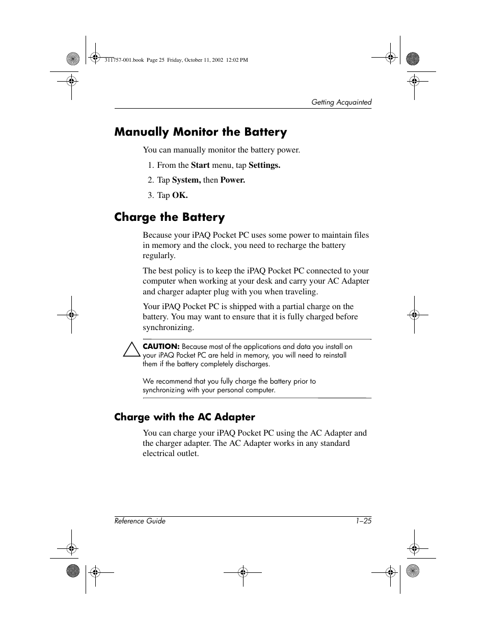 Manually monitor the battery, Charge the battery | HP iPAQ h1910 User Manual | Page 31 / 105