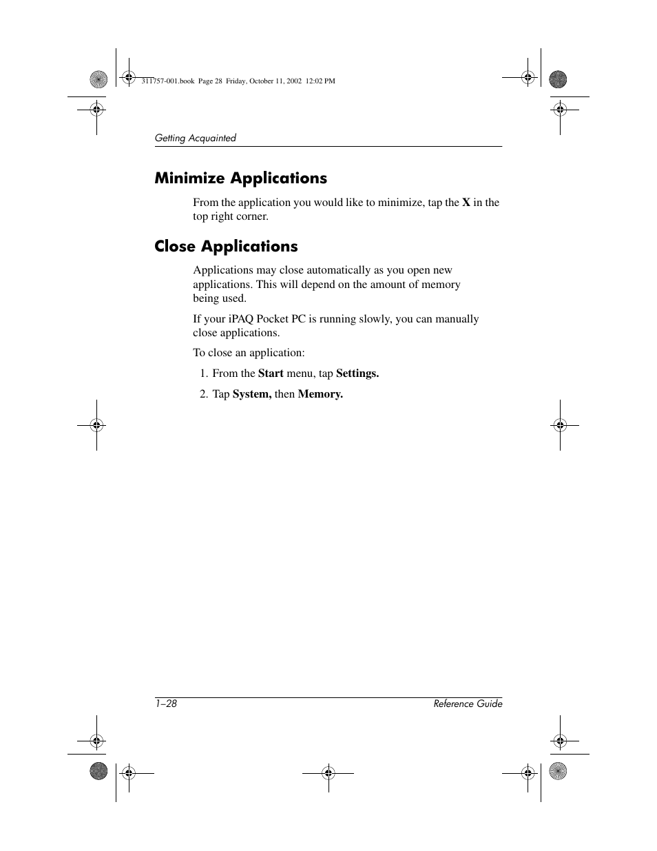 Minimize applications, Close applications, Minimize applications –28 close applications –28 | HP iPAQ h1910 User Manual | Page 34 / 105